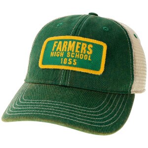 green hat with off white mesh and Farmers High School 1855 patch